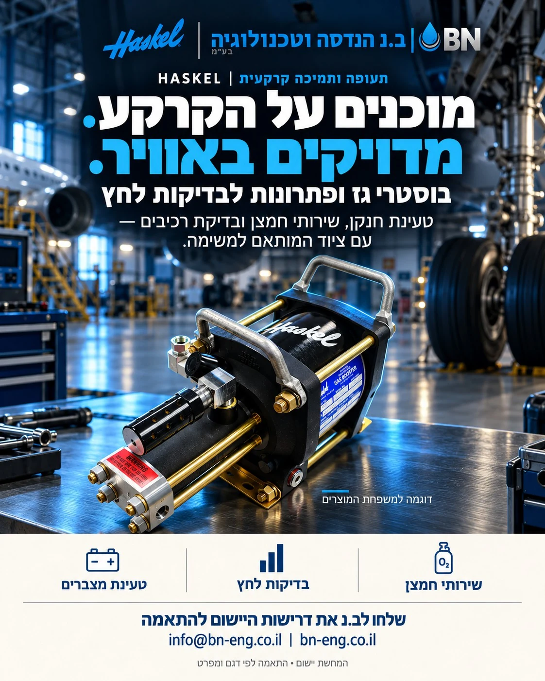 מודעת ב.נ ו־Haskel בנושא תעופה ותמיכה קרקעית. מוכנים על הקרקע. מדויקים באוויר. בוסטרי גז ופתרונות לבדיקות לחץ. טעינת חנקן, שירותי חמצן ובדיקת רכיבים — עם ציוד המותאם למשימה. המחשת יישום; התאמה לפי דגם ומפרט.