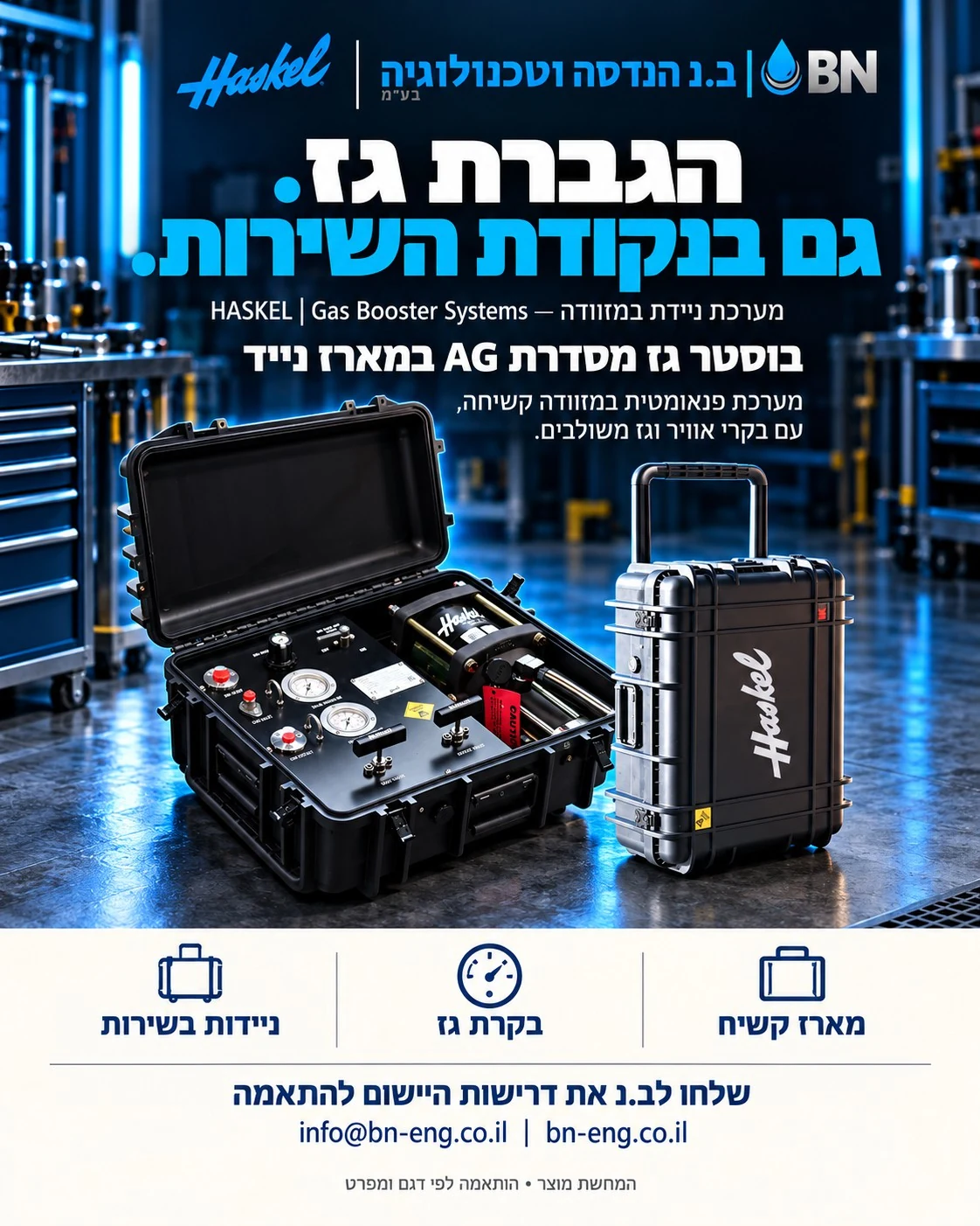 מודעת ב.נ ו־Haskel: Gas Booster Systems — מערכת ניידת במזוודה. הגברת גז. גם בנקודת השירות. בוסטר גז מסדרת AG במארז נייד. מערכת פנאומטית במזוודה קשיחה, עם בקרי אוויר וגז משולבים. המחשת מוצר, התאמה לפי דגם ומפרט.