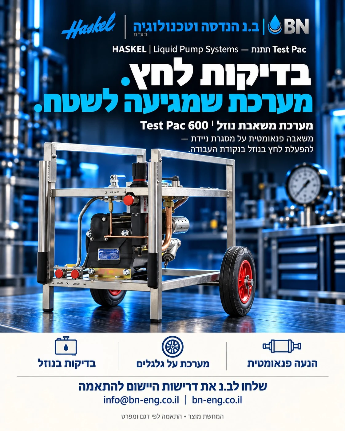 מודעת ב.נ ו־Haskel: Liquid Pump Systems — תחנת Test Pac. בדיקות לחץ. מערכת שמגיעה לשטח. Test Pac 600 | מערכת משאבת נוזל. משאבה פנאומטית על מסגרת ניידת — להפעלת לחץ בנוזל בנקודת העבודה. המחשת מוצר, התאמה לפי דגם ומפרט.