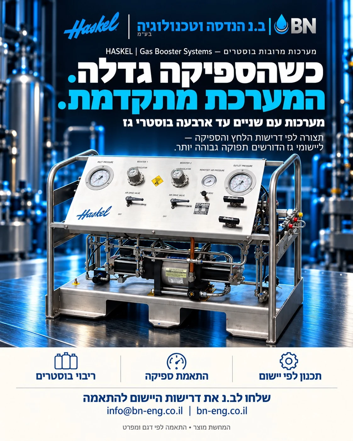 מודעת ב.נ ו־Haskel: Gas Booster Systems — מערכות מרובות בוסטרים. כשהספיקה גדלה. המערכת מתקדמת. מערכות עם שניים עד ארבעה בוסטרי גז. תצורה לפי דרישות הלחץ והספיקה — ליישומי גז הדורשים תפוקה גבוהה יותר. המחשת מוצר, התאמה לפי דגם ומפרט.