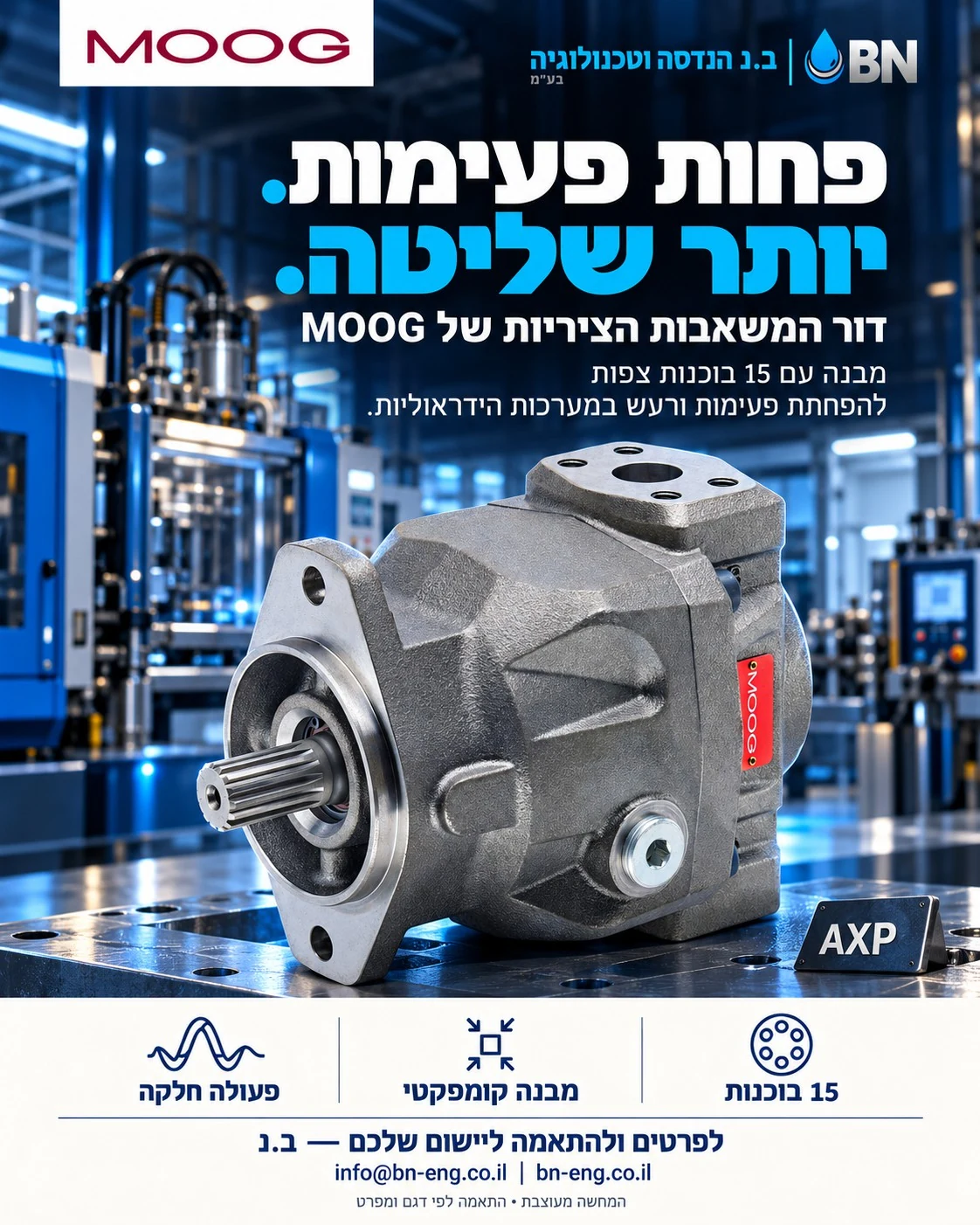 משאבות בוכנות ציריות של MOOG, בשילוב צילום מוצר כמקור ועיצוב כחול של ב.נ. פחות פעימות. יותר שליטה.