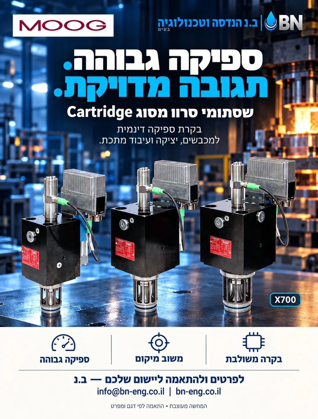 שסתומי Cartridge וסרוו Cartridge של MOOG, בשילוב צילום מוצר כמקור ועיצוב כחול של ב.נ. ספיקה גבוהה. תגובה מדויקת.