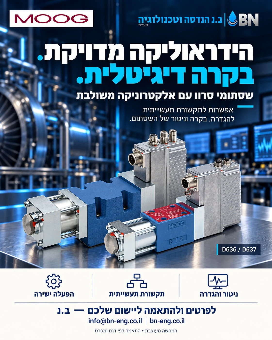 שסתומי סרוו דיגיטליים של MOOG, בשילוב צילום מוצר כמקור ועיצוב כחול של ב.נ. הידראוליקה מדויקת. בקרה דיגיטלית.