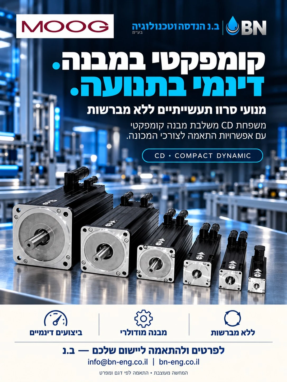 מנועי סרוו תעשייתיים של MOOG, בשילוב צילום מוצר כמקור ועיצוב כחול של ב.נ. קומפקטי במבנה. דינמי בתנועה.